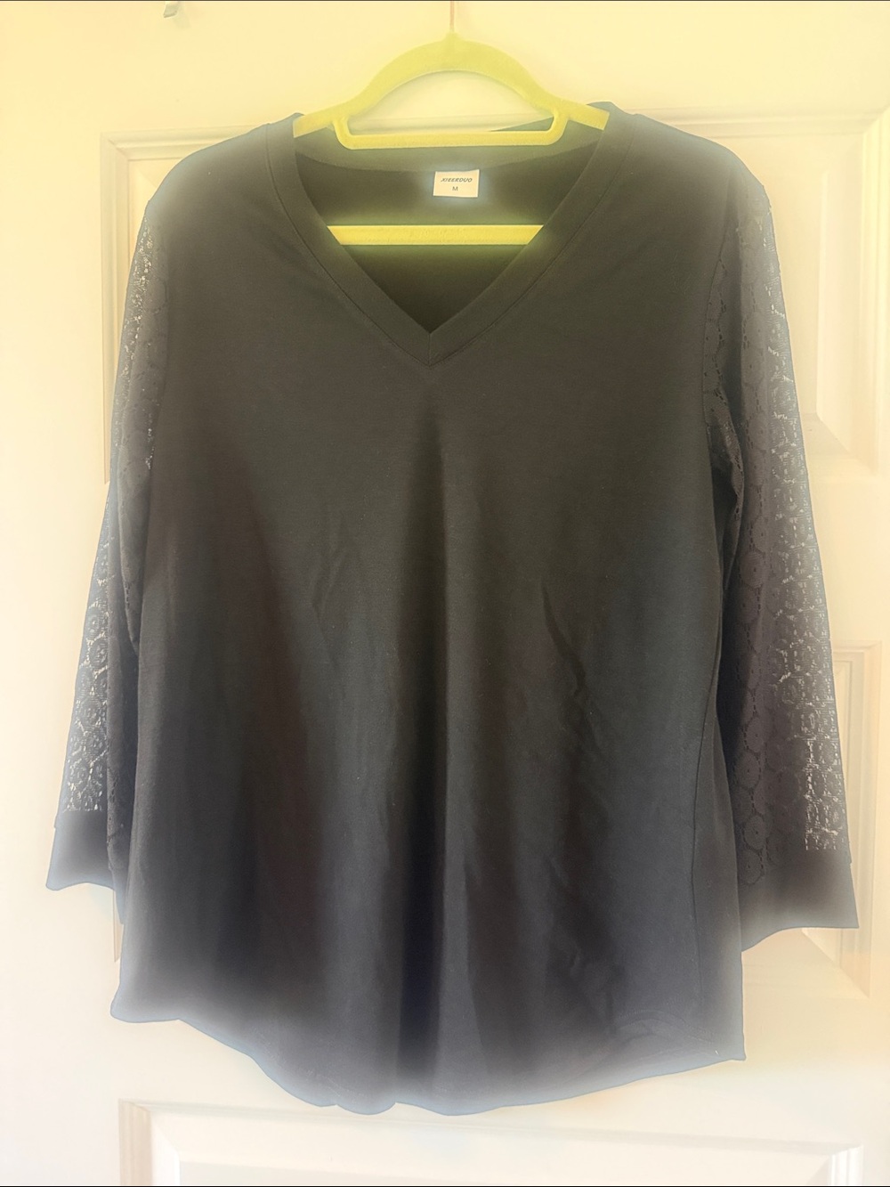 Women's Black V-Neck Long Sleeve Top with Lace Sleeves